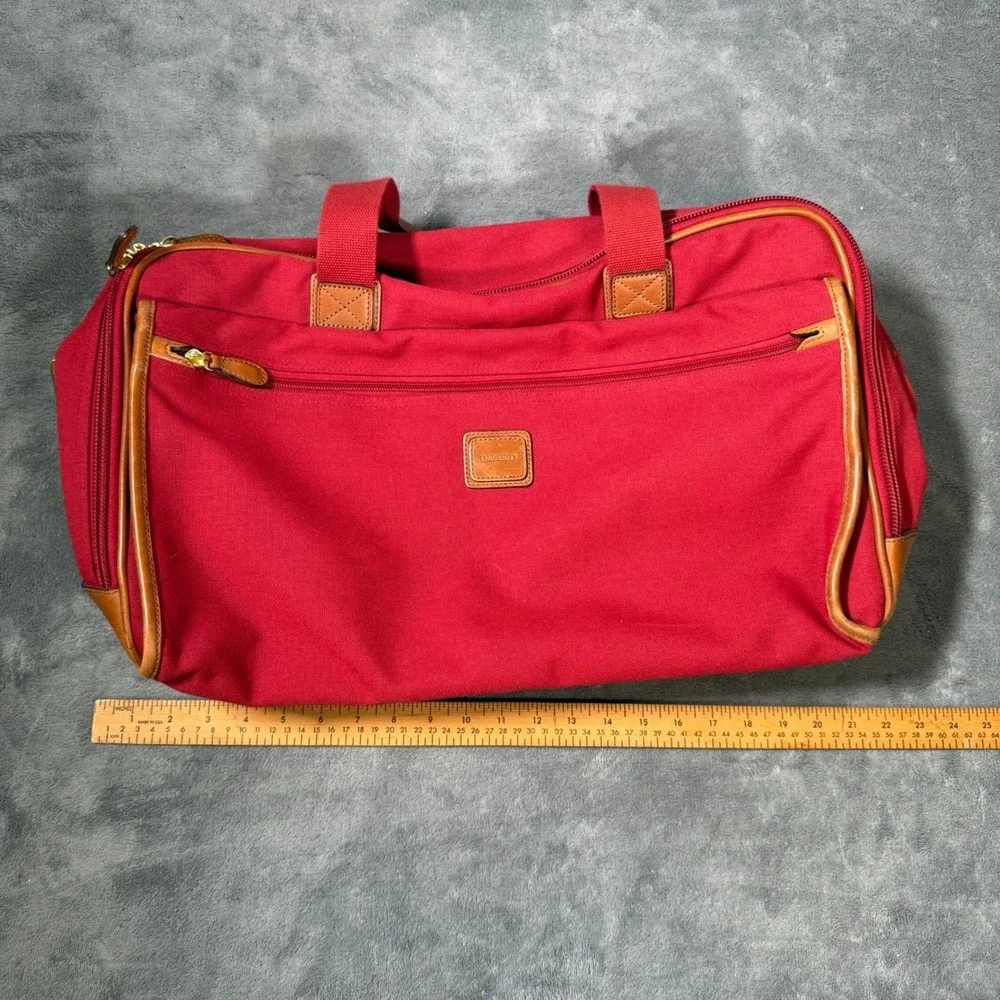 Lands End Red Canvas Duffle Bag Leather Trim Travel Carry On Weekender Luggage